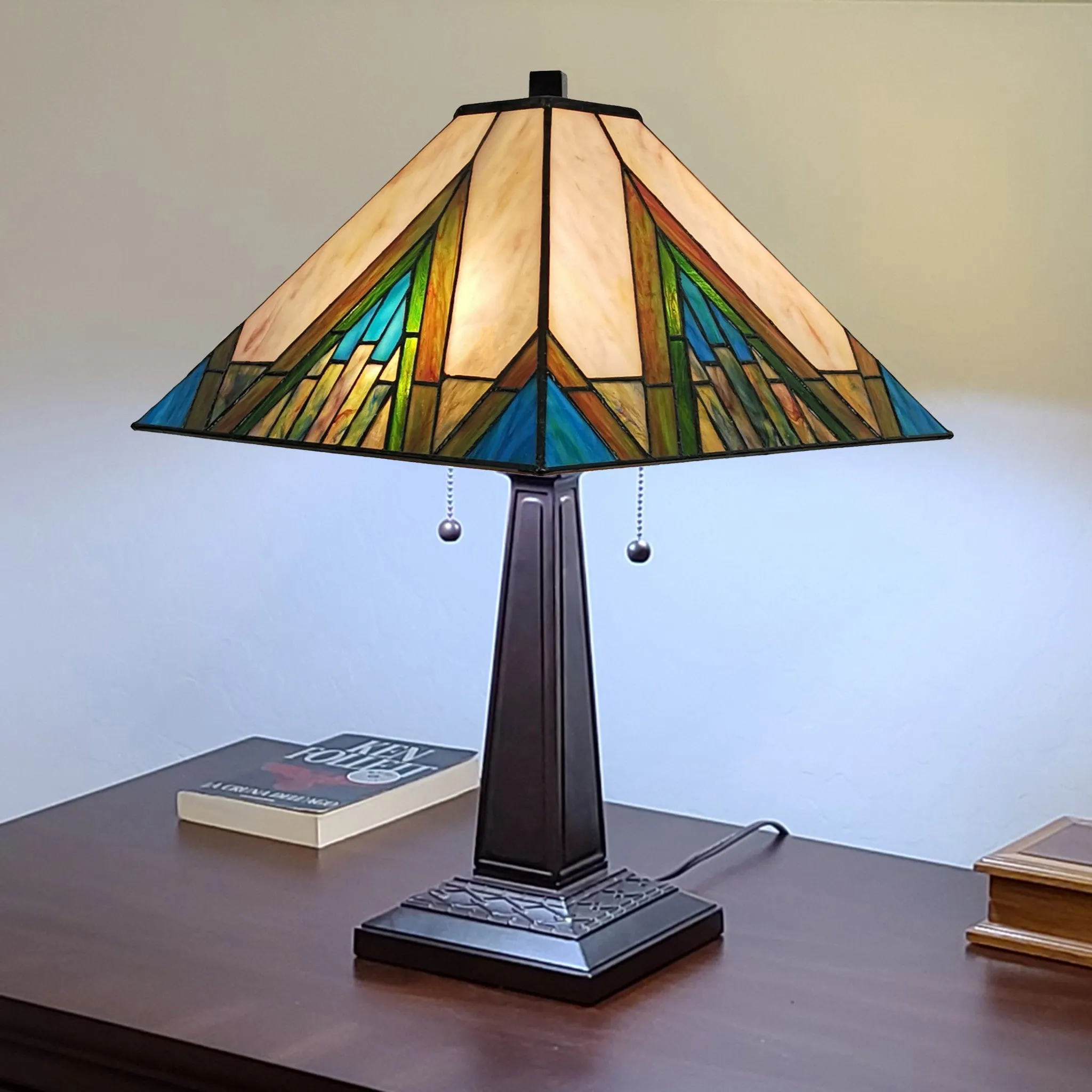 23" Stained Glass Handcrafted Pyramid Style Two Light Mission Style Table Lamp By Homeroots