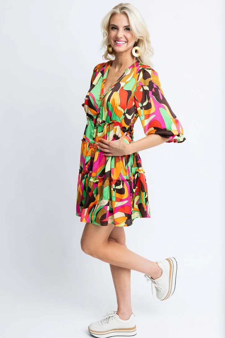 Abstract Colorful Vneck Dress