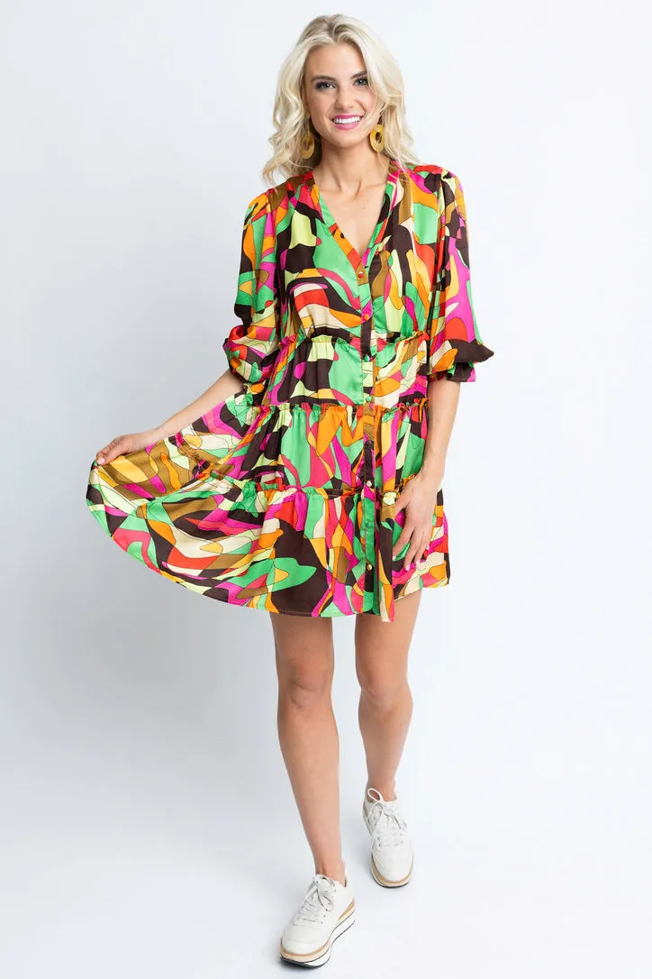 Abstract Colorful Vneck Dress