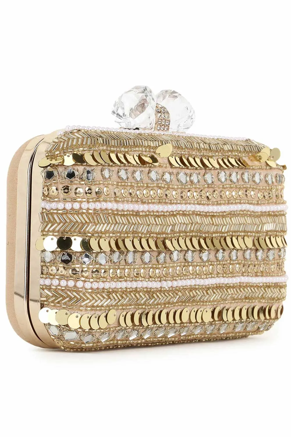 Adorn Beige & Gold Faux Silk Striped & Embellished Clutch