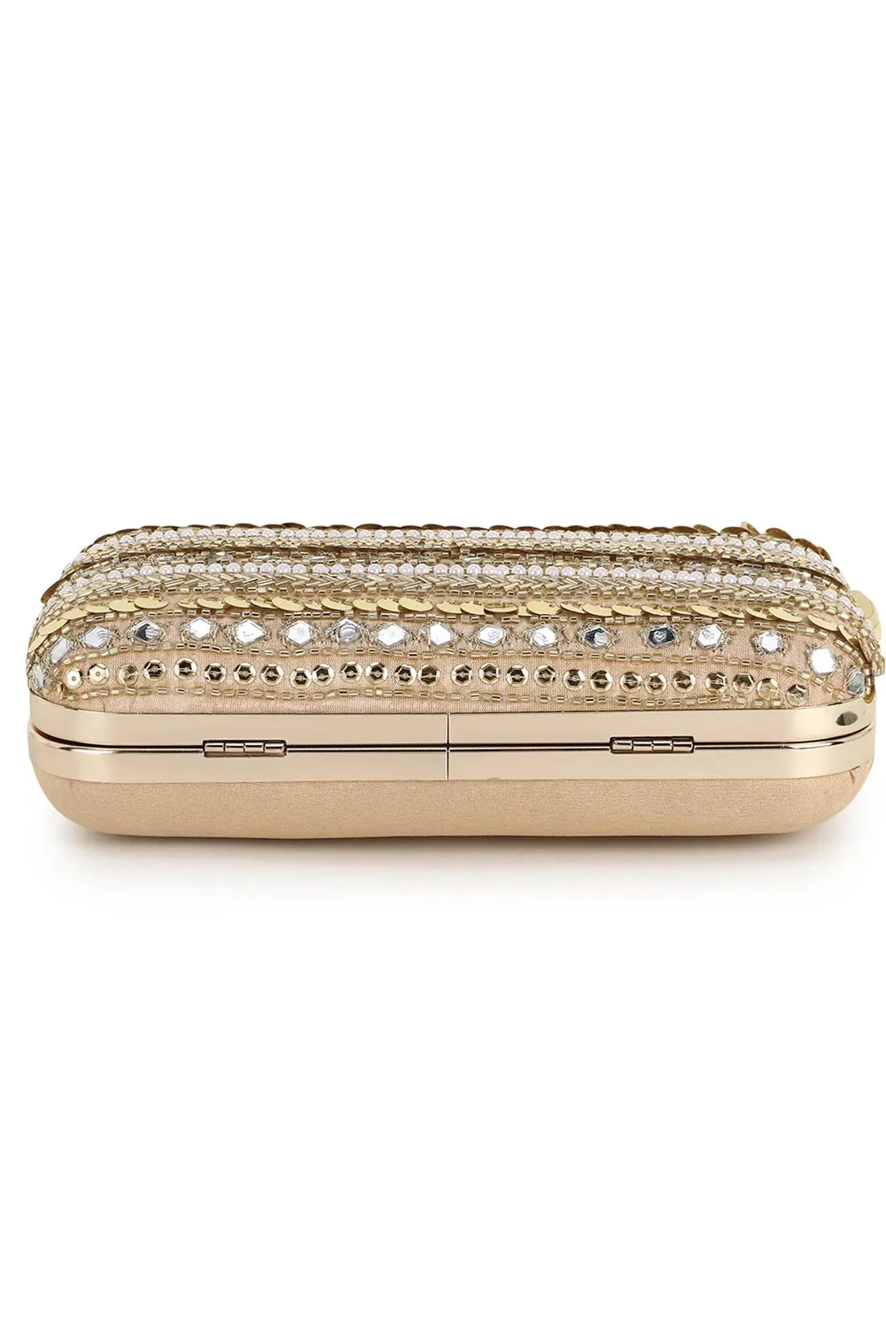 Adorn Beige & Gold Faux Silk Striped & Embellished Clutch