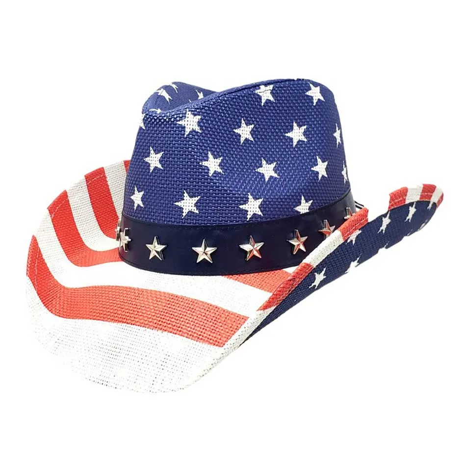 American Flag Star Stud Faux Leather Band Straw Cowboy Hat