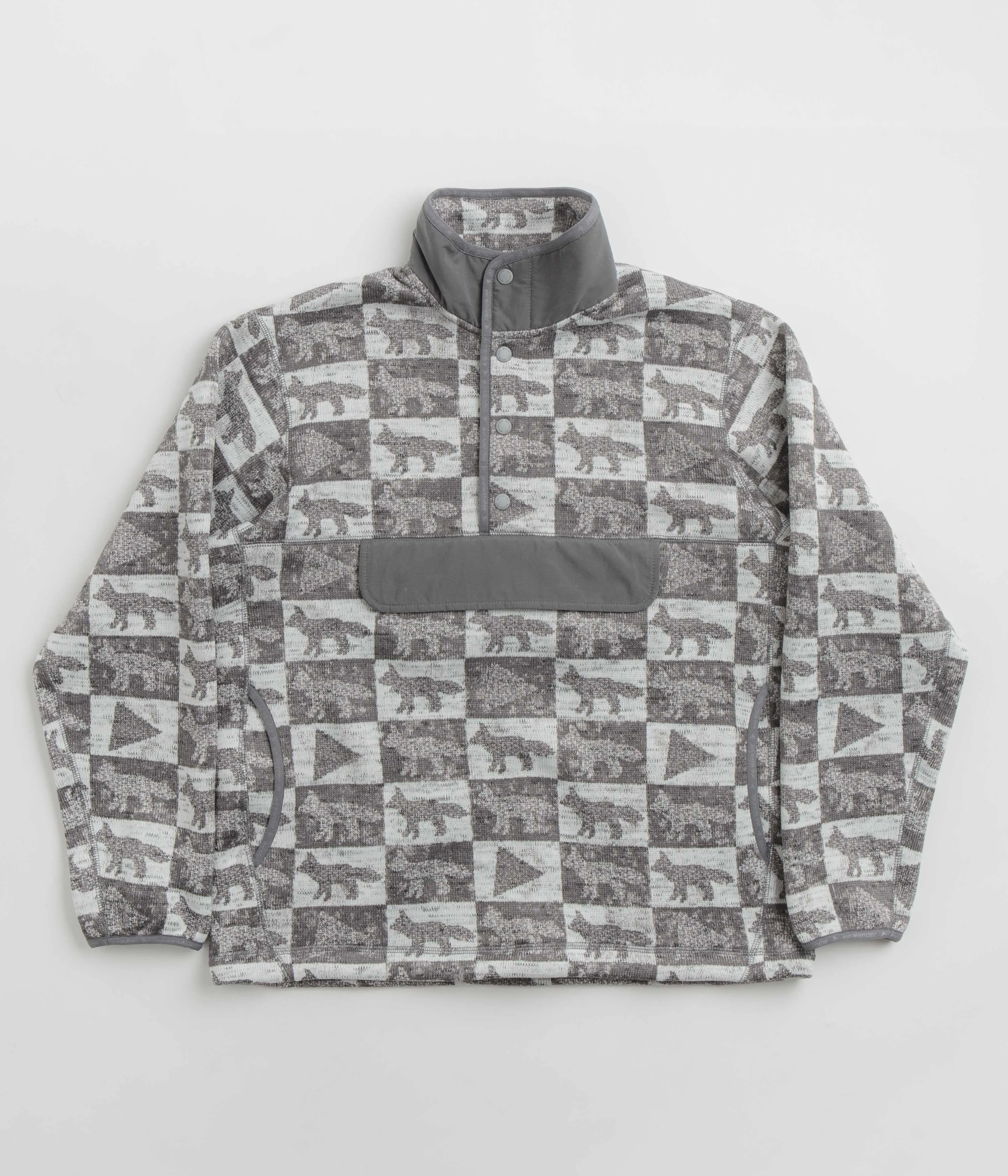 and wander x Maison Kitsune Fox Checkers Pullover Fleece - Grey