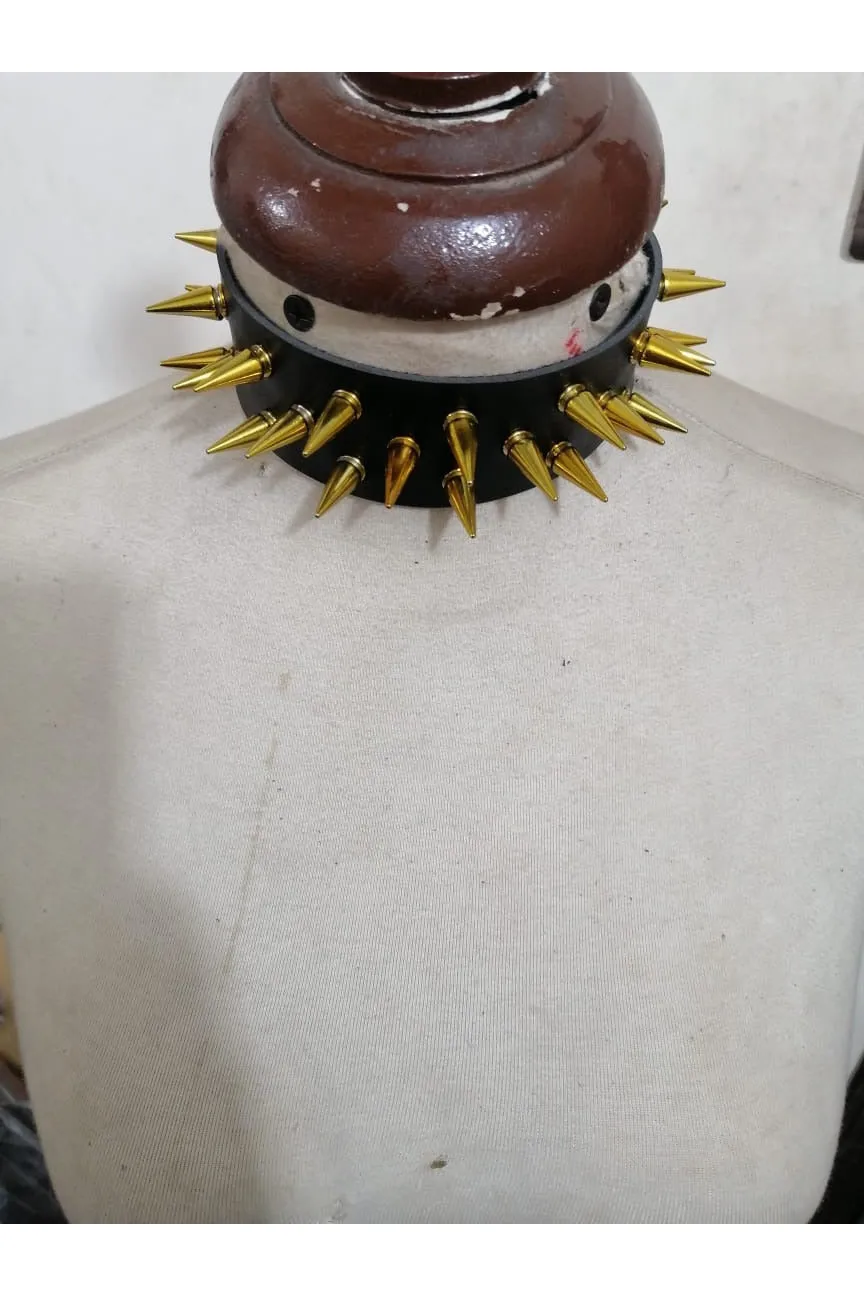 Black Faux Leather & Gold Metallic Spike Choker