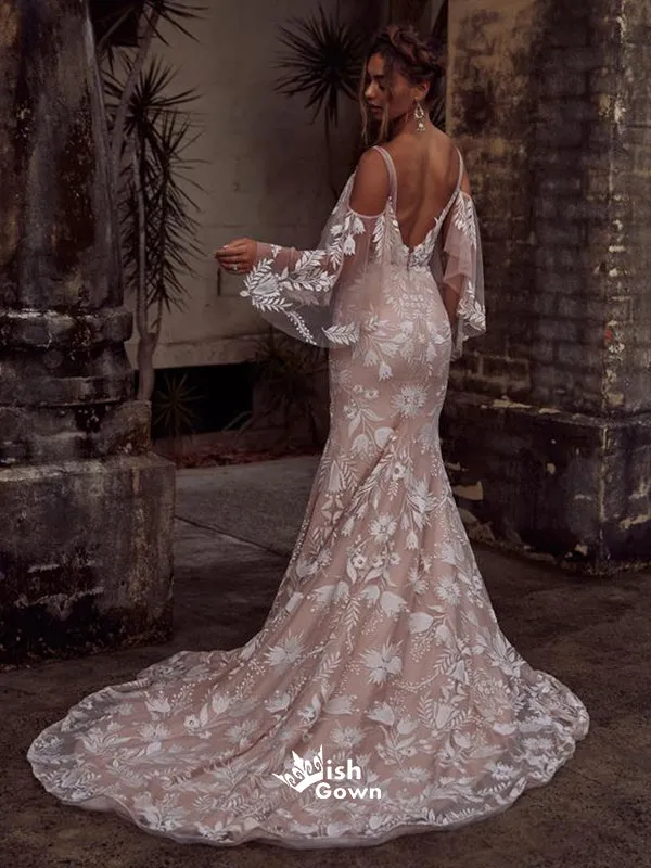 Charming Dusty Pink V-back Mermaid Applique Lace Long Wedding Dresses WDH010