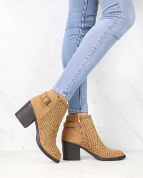 Diamond Perforated Back Buckle Faux Suede Ankle Bootie in Tan