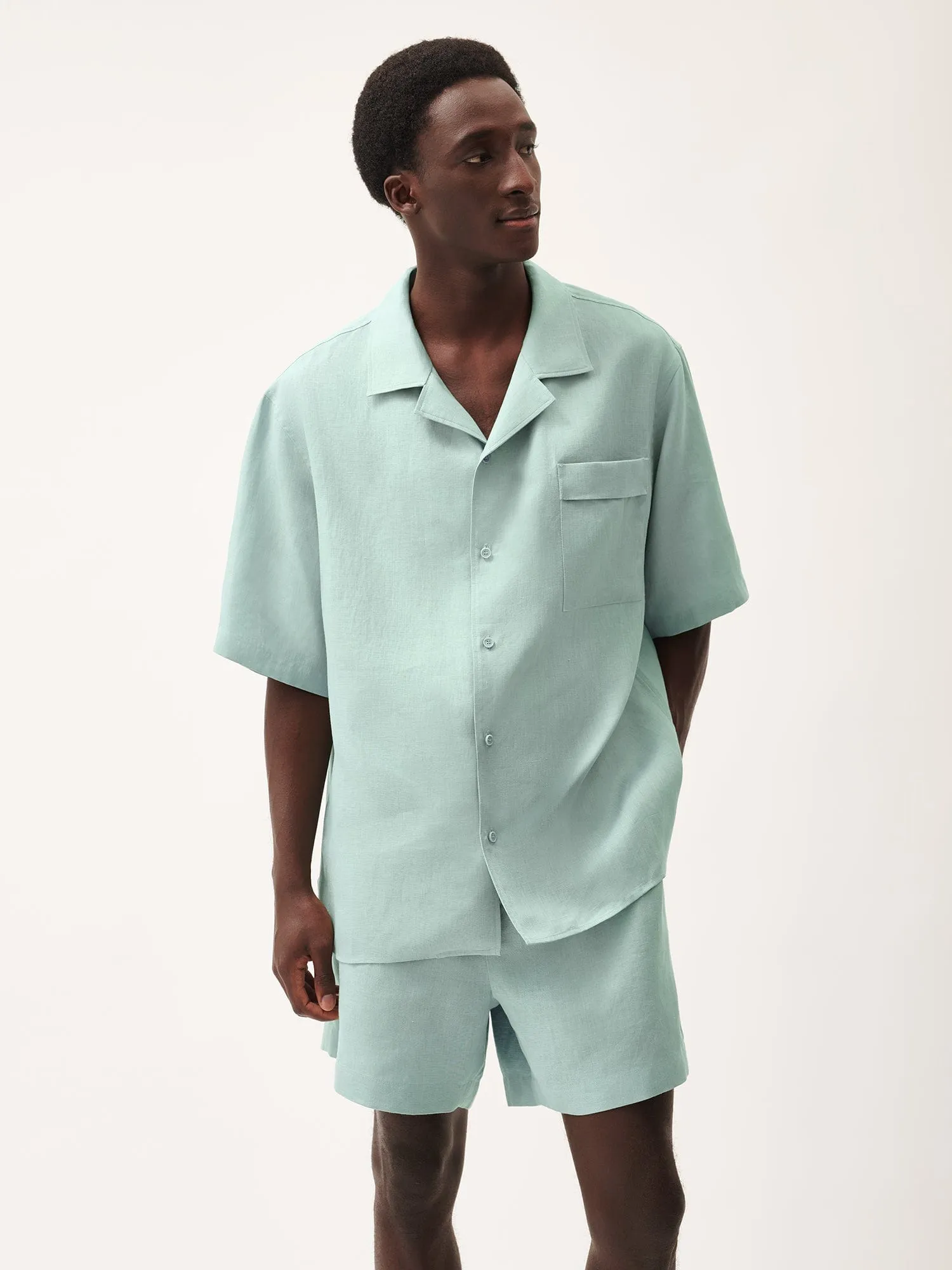 DNA Aloe Linen Camp Collar Shirt—eucalyptus blue