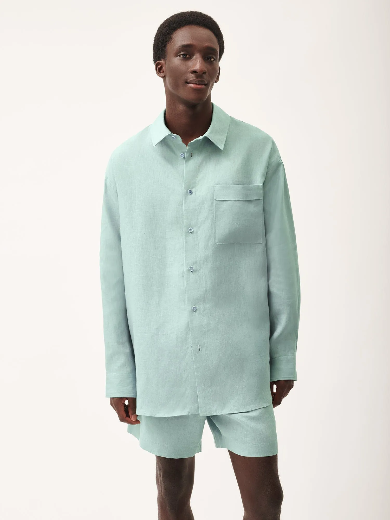 DNA Aloe Linen Collared Long Sleeve Shirt—eucalyptus blue