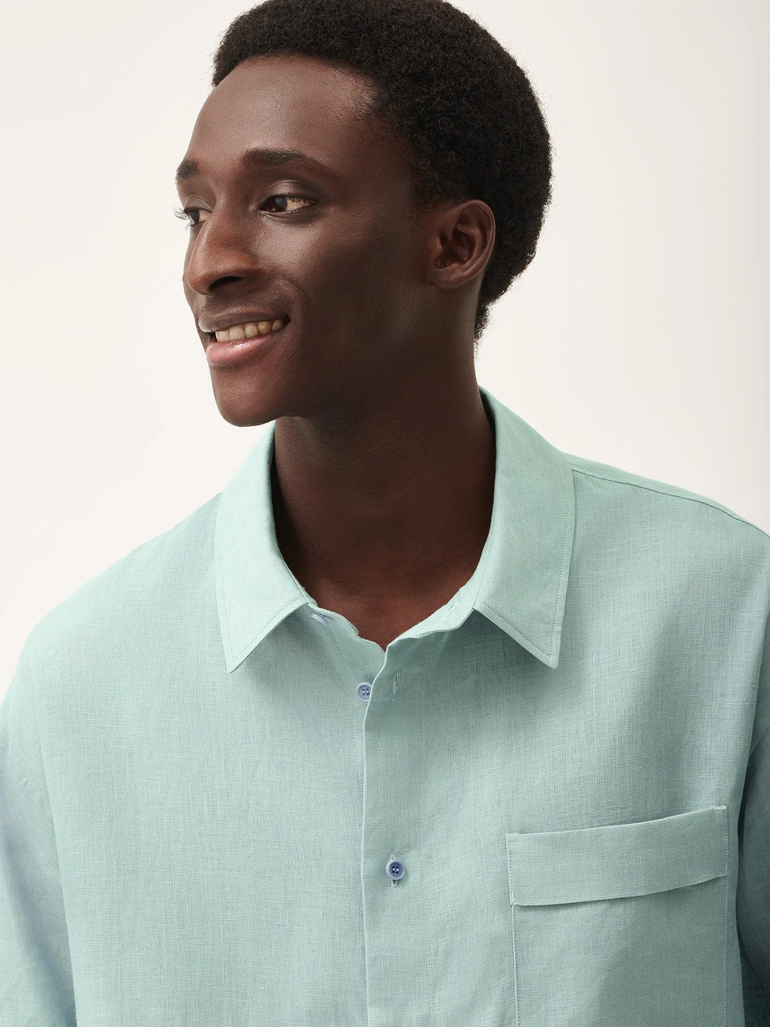 DNA Aloe Linen Collared Long Sleeve Shirt—eucalyptus blue