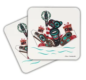 Eagle & Bear Canoe w/ Wreath - Holiday Drink Coasters