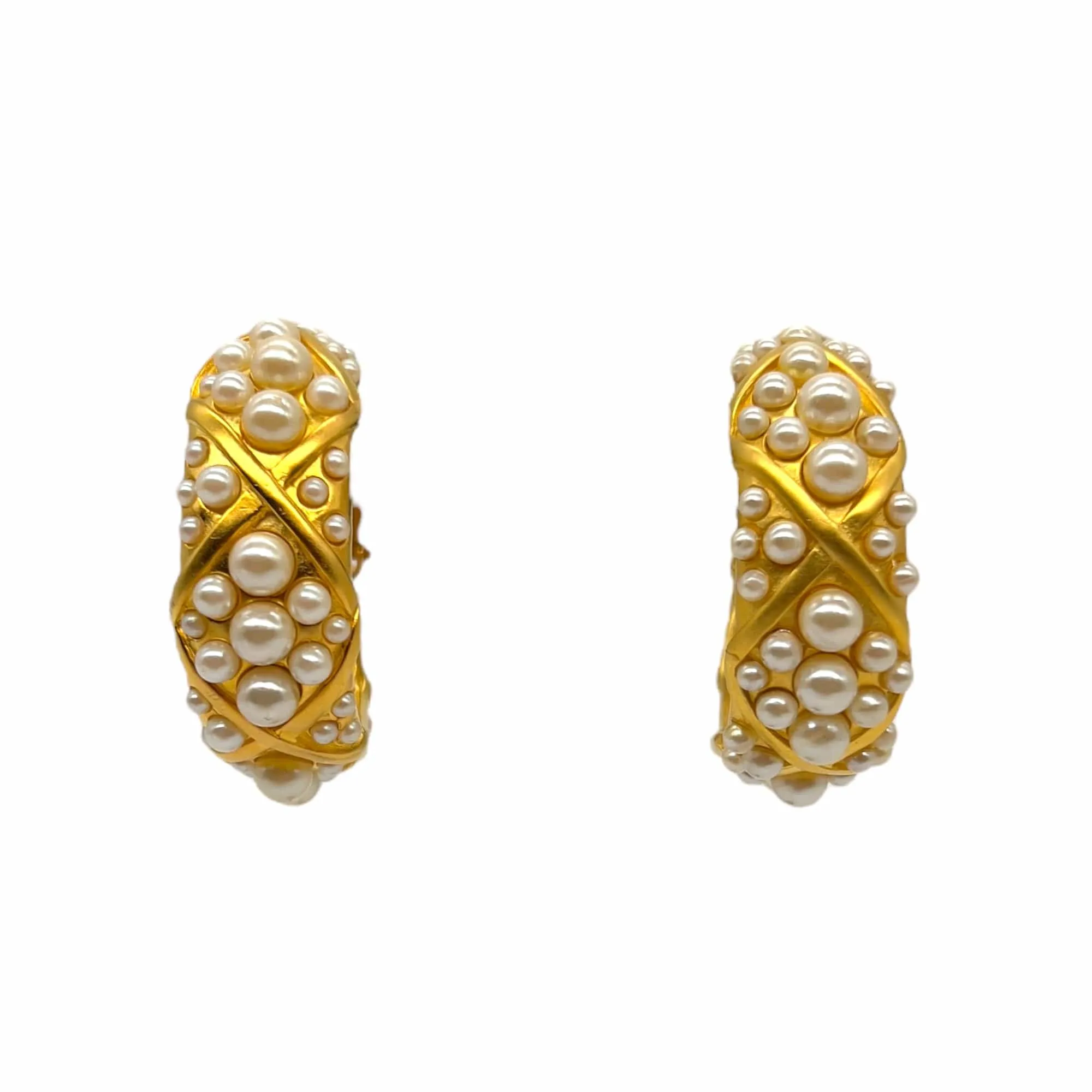 EARRINGS Large Gold Plated & Faux Pearl Hoops - Gold