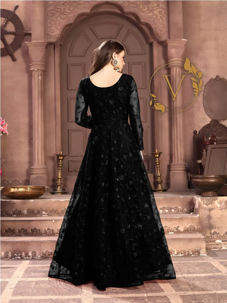 Embroidered Net Abaya Style Suit in Black