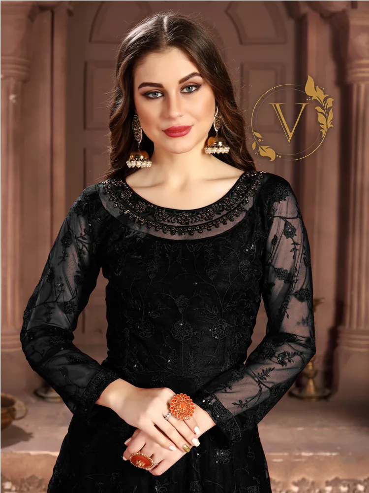 Embroidered Net Abaya Style Suit in Black