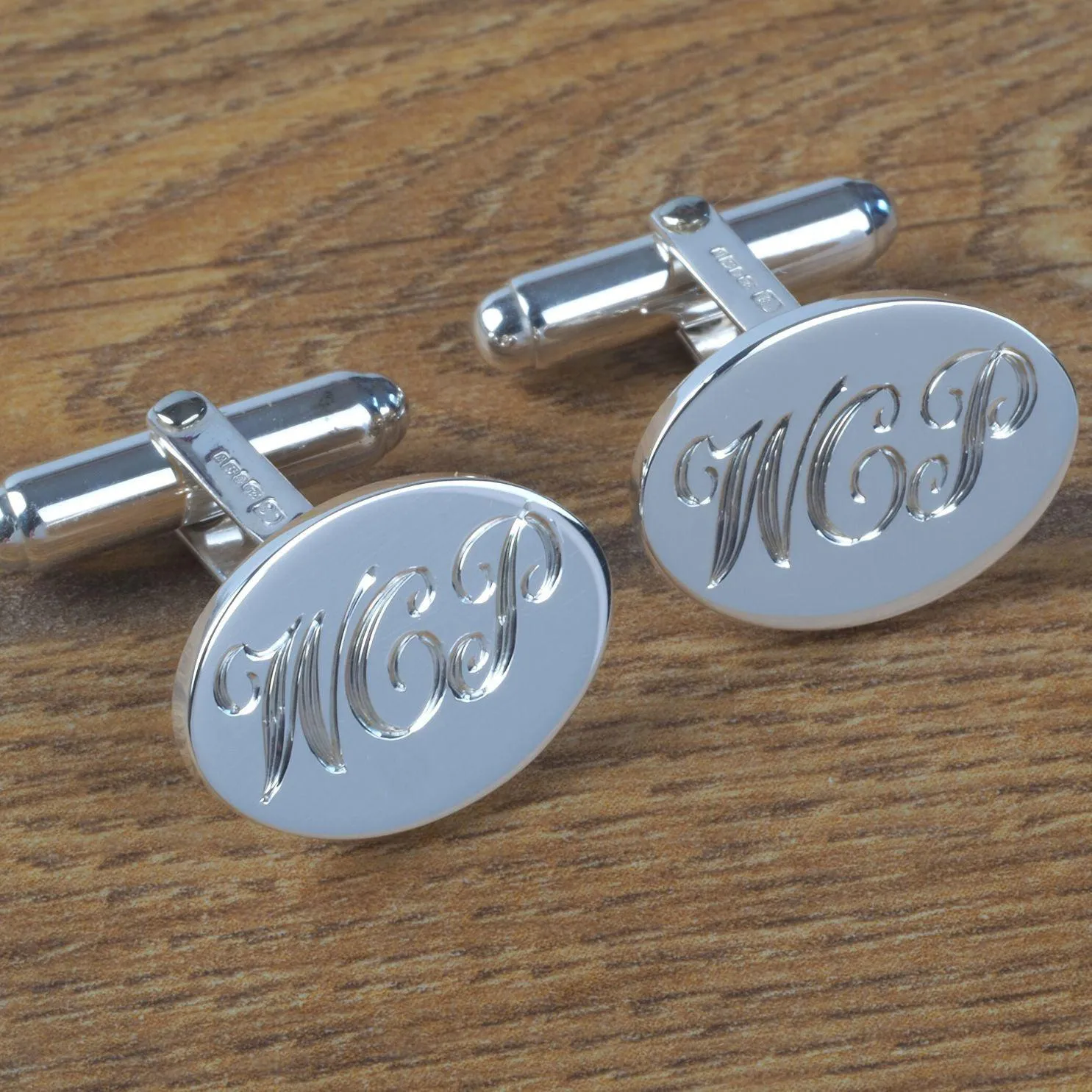 Engraved Sterling Silver Oval Swivel Torpedo Cufflinks