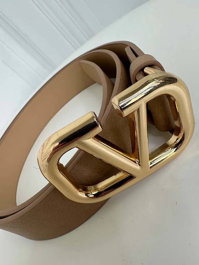 Faux Leather V Logo Belt - Latte