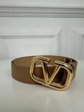 Faux Leather V Logo Belt - Latte