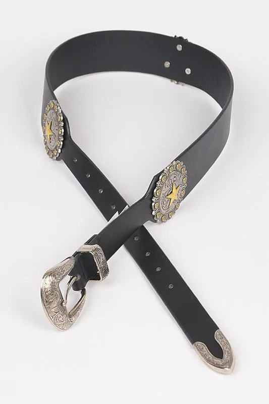 Faux Leather Western Style Multi Metal Belt with Star Accent piece