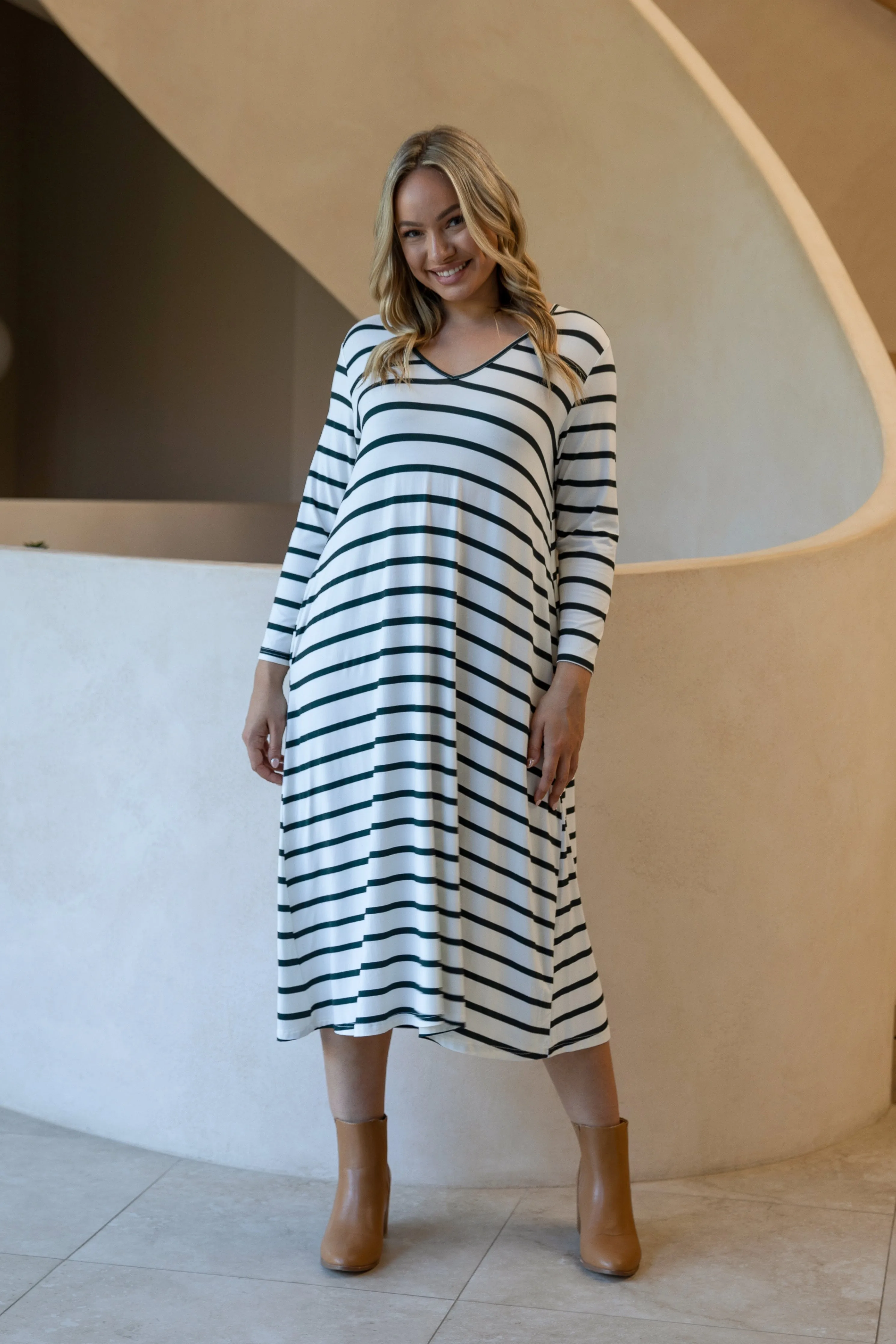 FINAL SALE Long Sleeve T-Shirt Dress in Pistachio Stripe