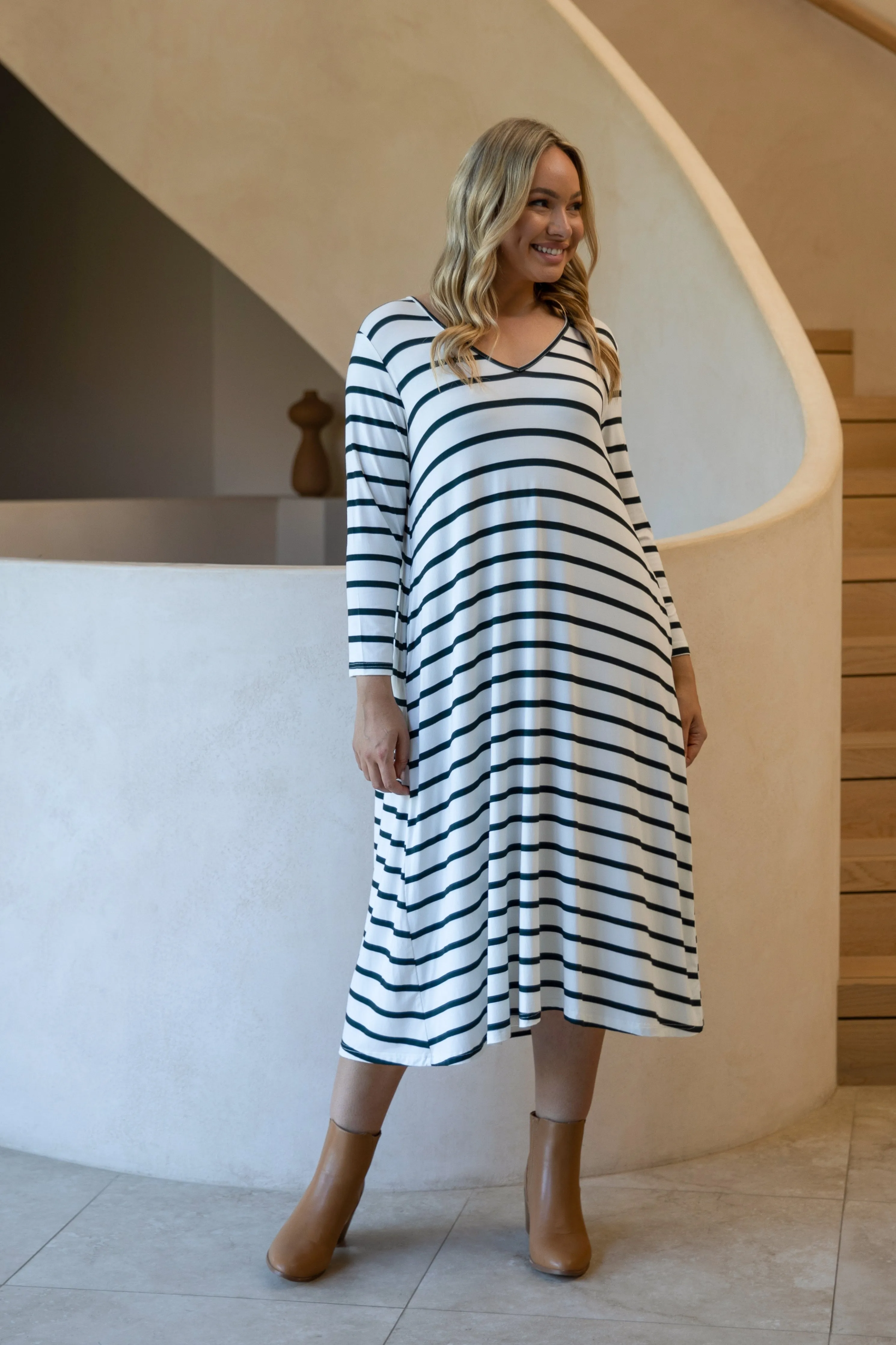 FINAL SALE Long Sleeve T-Shirt Dress in Pistachio Stripe