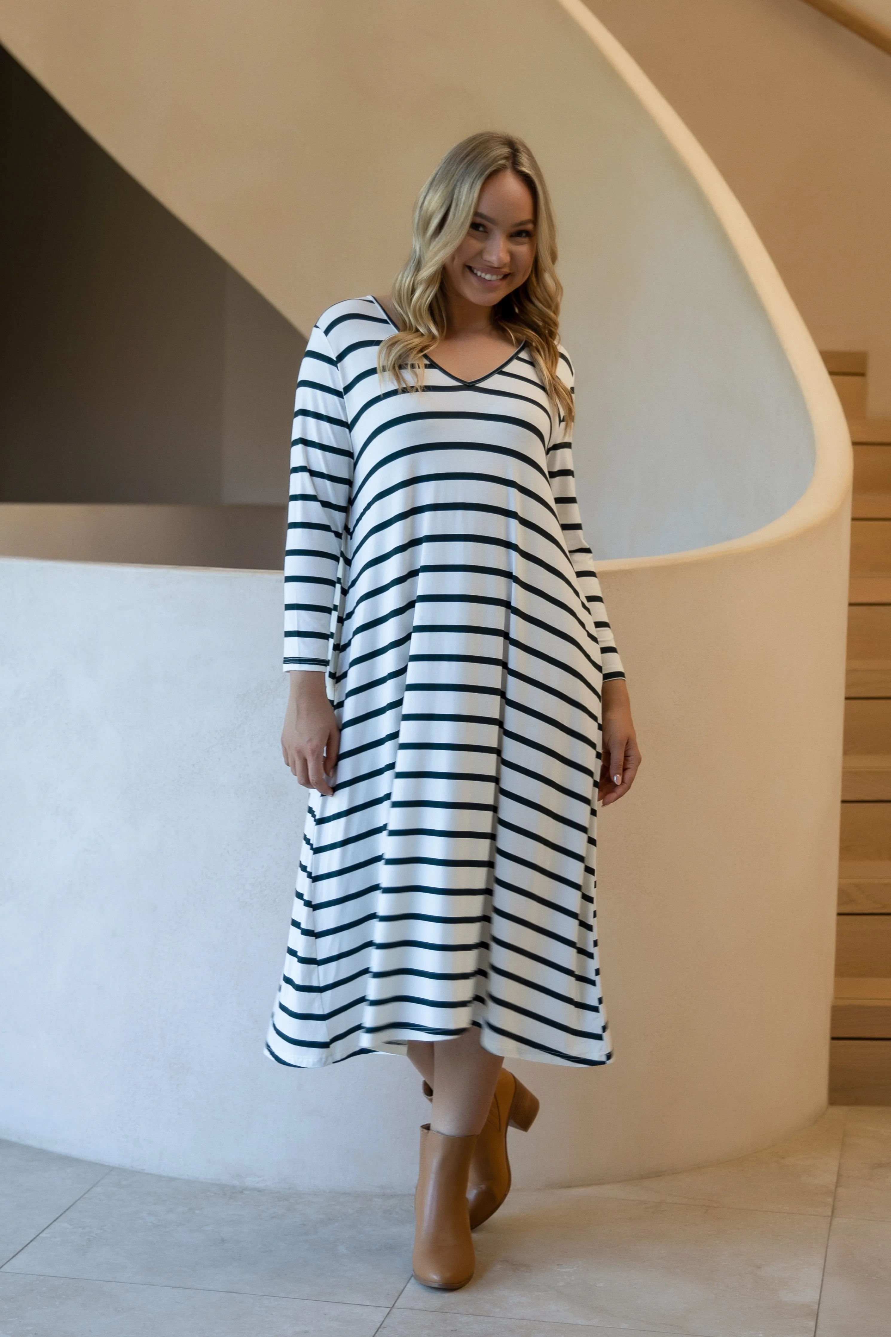 FINAL SALE Long Sleeve T-Shirt Dress in Pistachio Stripe