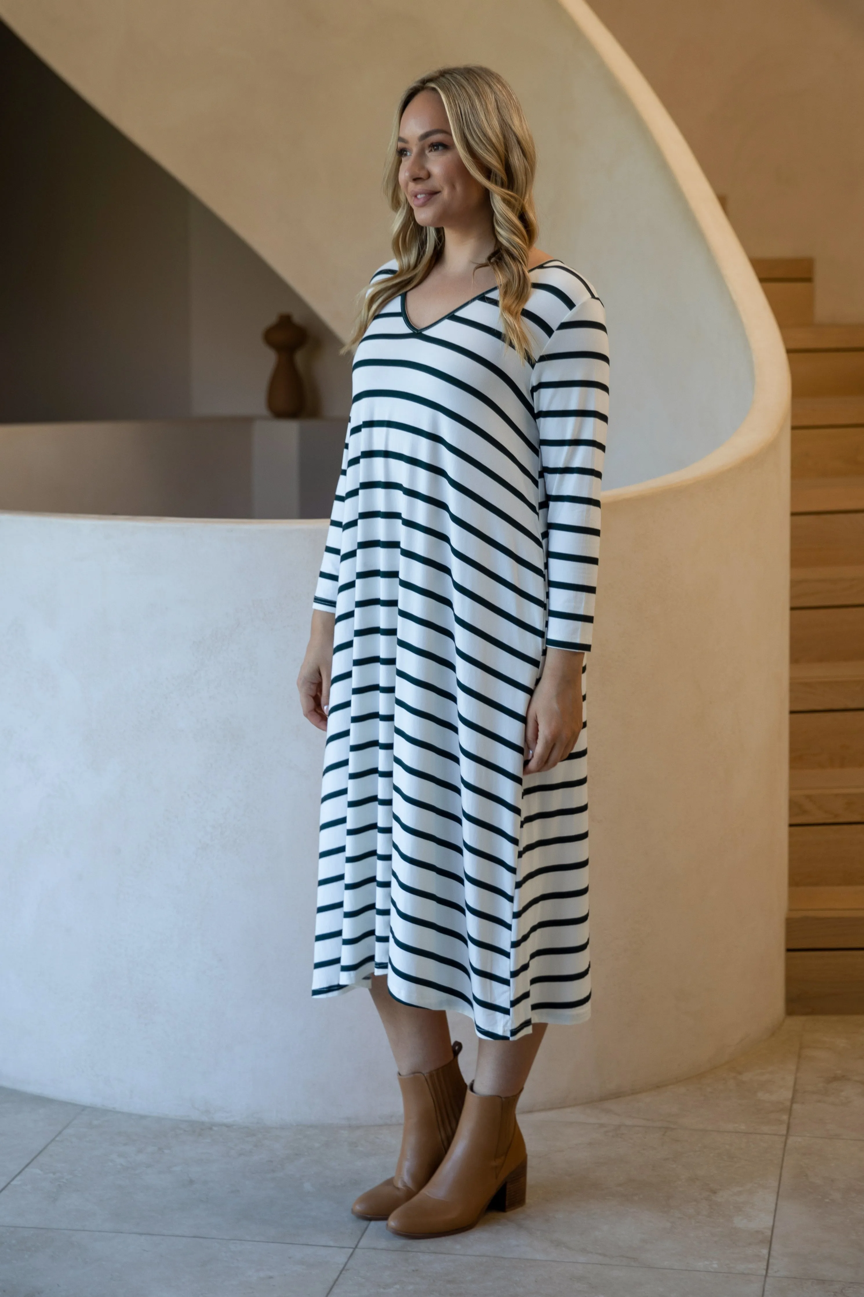 FINAL SALE Long Sleeve T-Shirt Dress in Pistachio Stripe