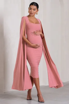 Flawless |  Robe mi-longue de maternité rose poudré a encolure carree et manches cape