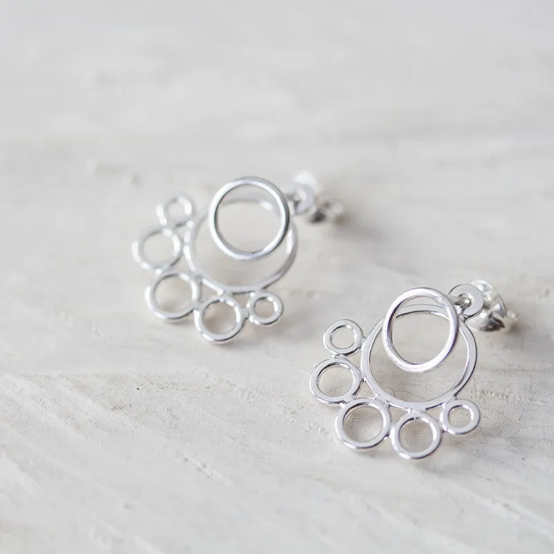 Geometric silver ear jacket earrings, minimalist solid sterling silver circles