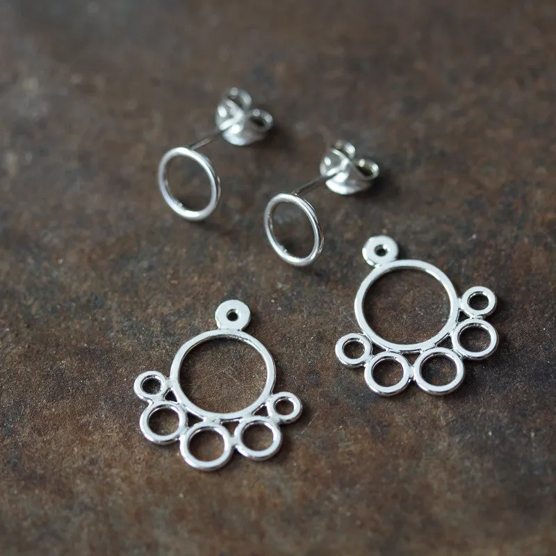 Geometric silver ear jacket earrings, minimalist solid sterling silver circles