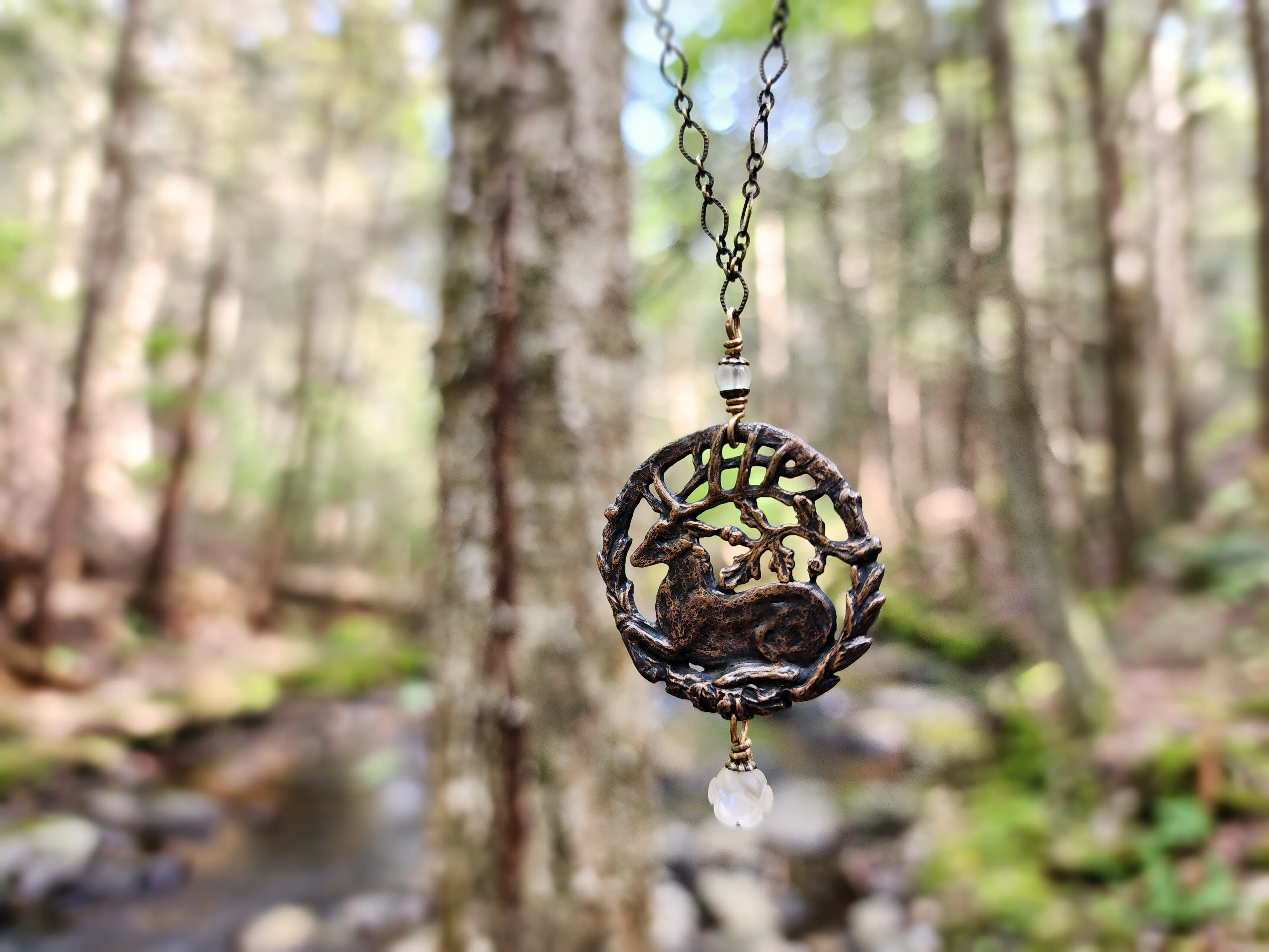 hart of the oak bower amulet - bronze & carved quartz