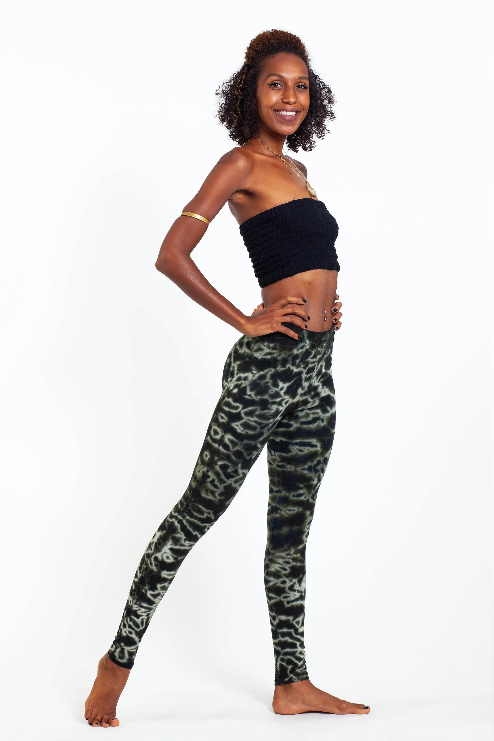 Marble Tie Dye Cotton Leggings in Dark Green