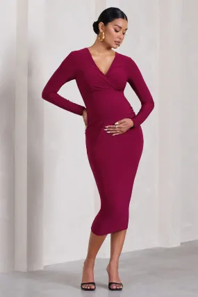 Marcia | Robe mi-longue de maternité moulante rouge cerise à décolleté plongeant