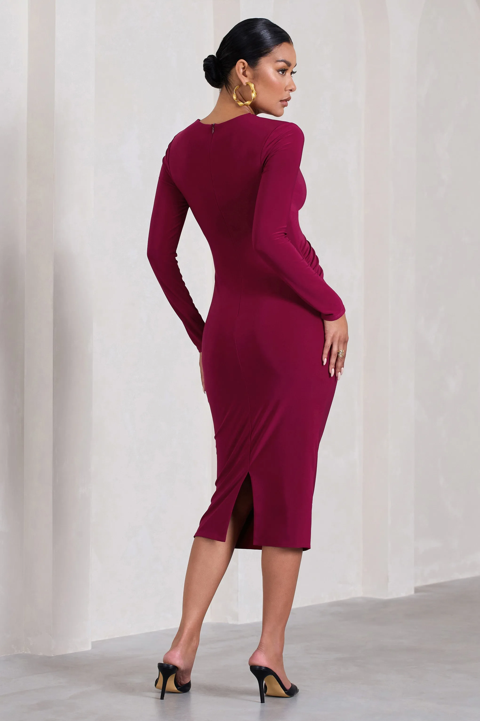 Marcia | Robe mi-longue de maternité moulante rouge cerise à décolleté plongeant