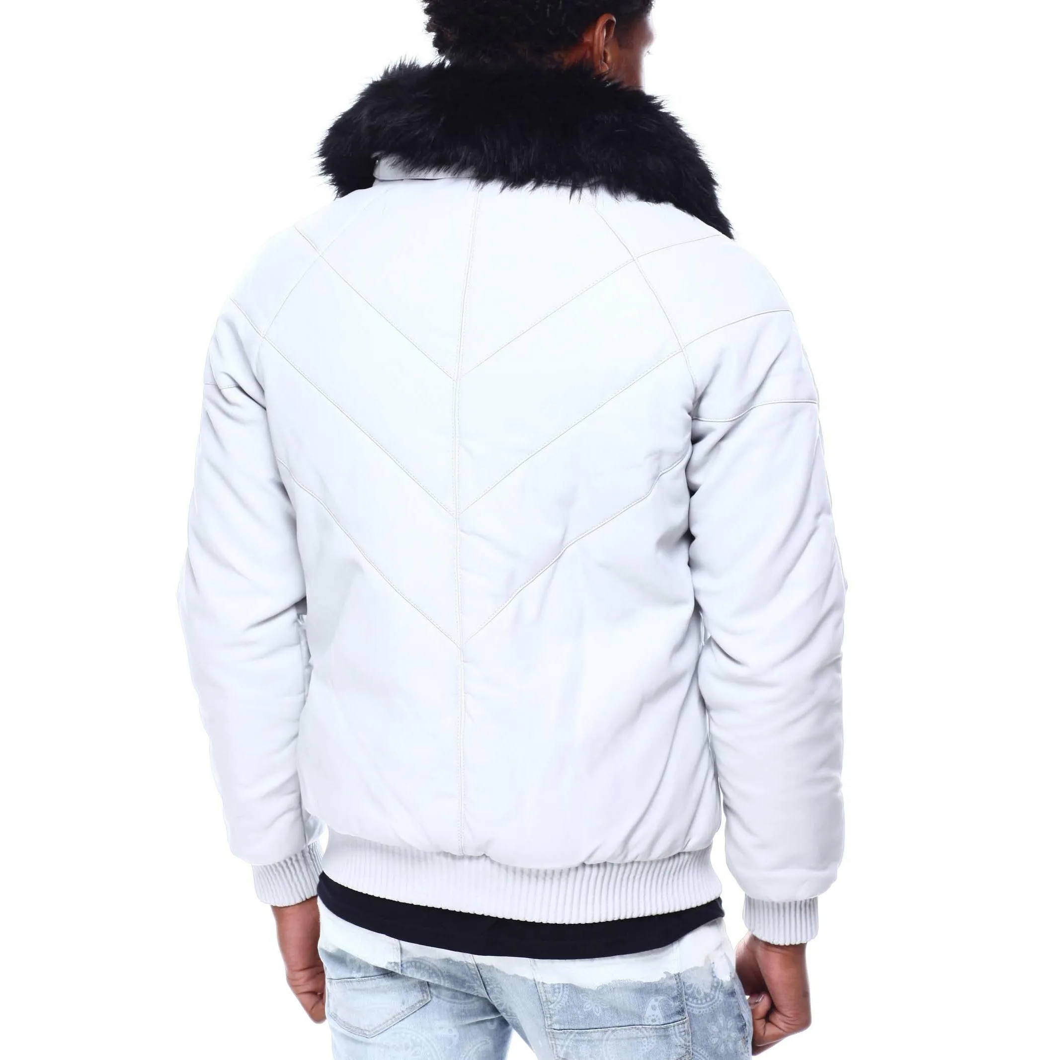 Men's removable faux fur collar pu leather jacket