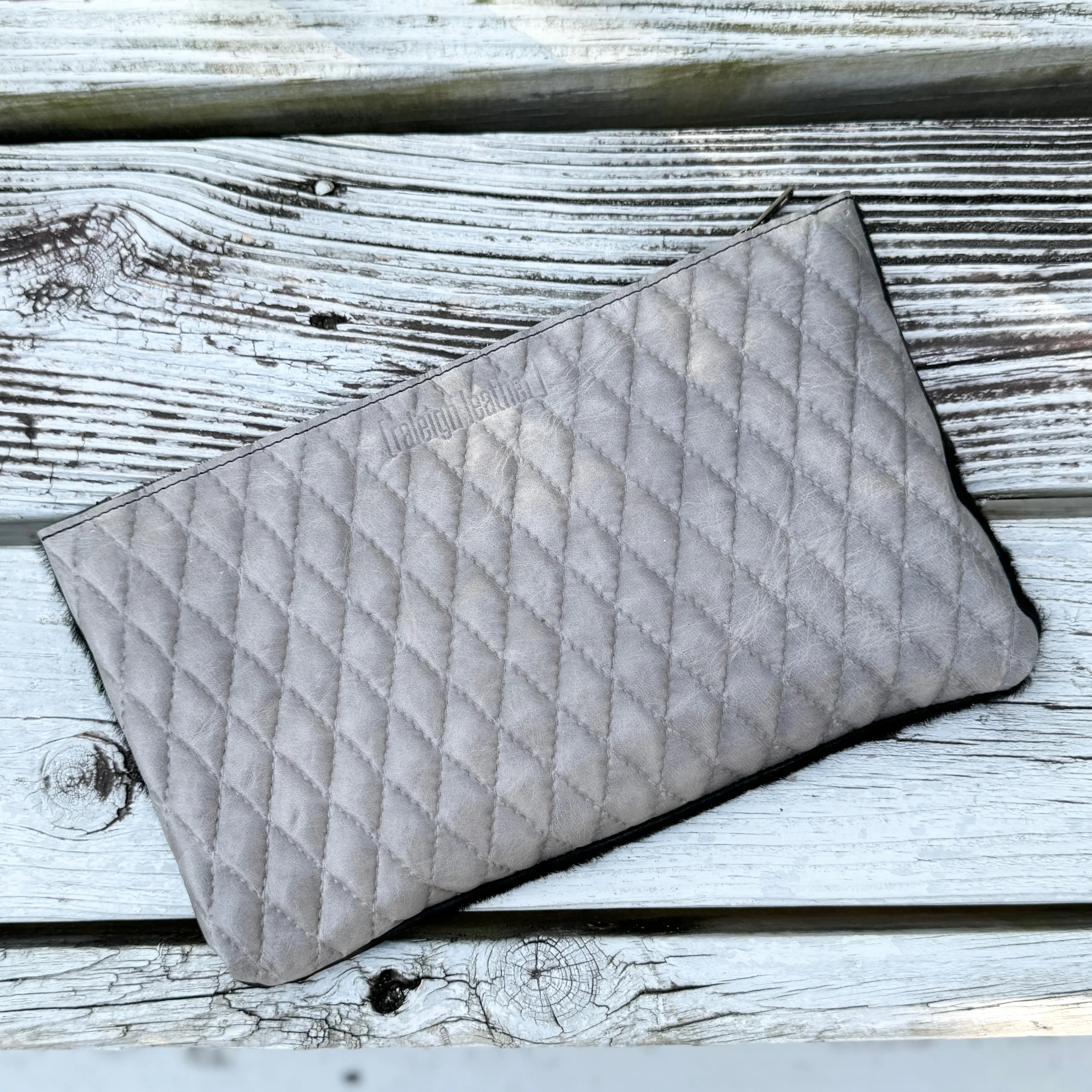 [raleigh leather] Clutch - Acid Washed Calf Skin   Gray Diamond Stitch