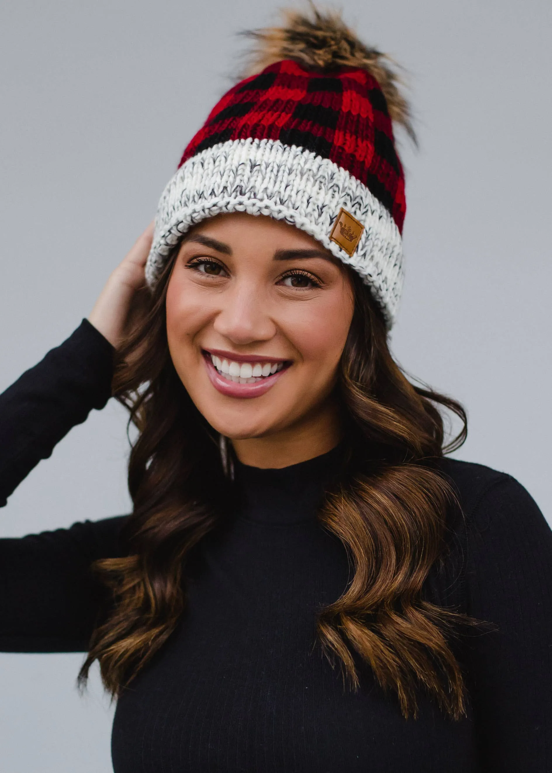 Red Buffalo Plaid Pom Hat w/ Gray Trim