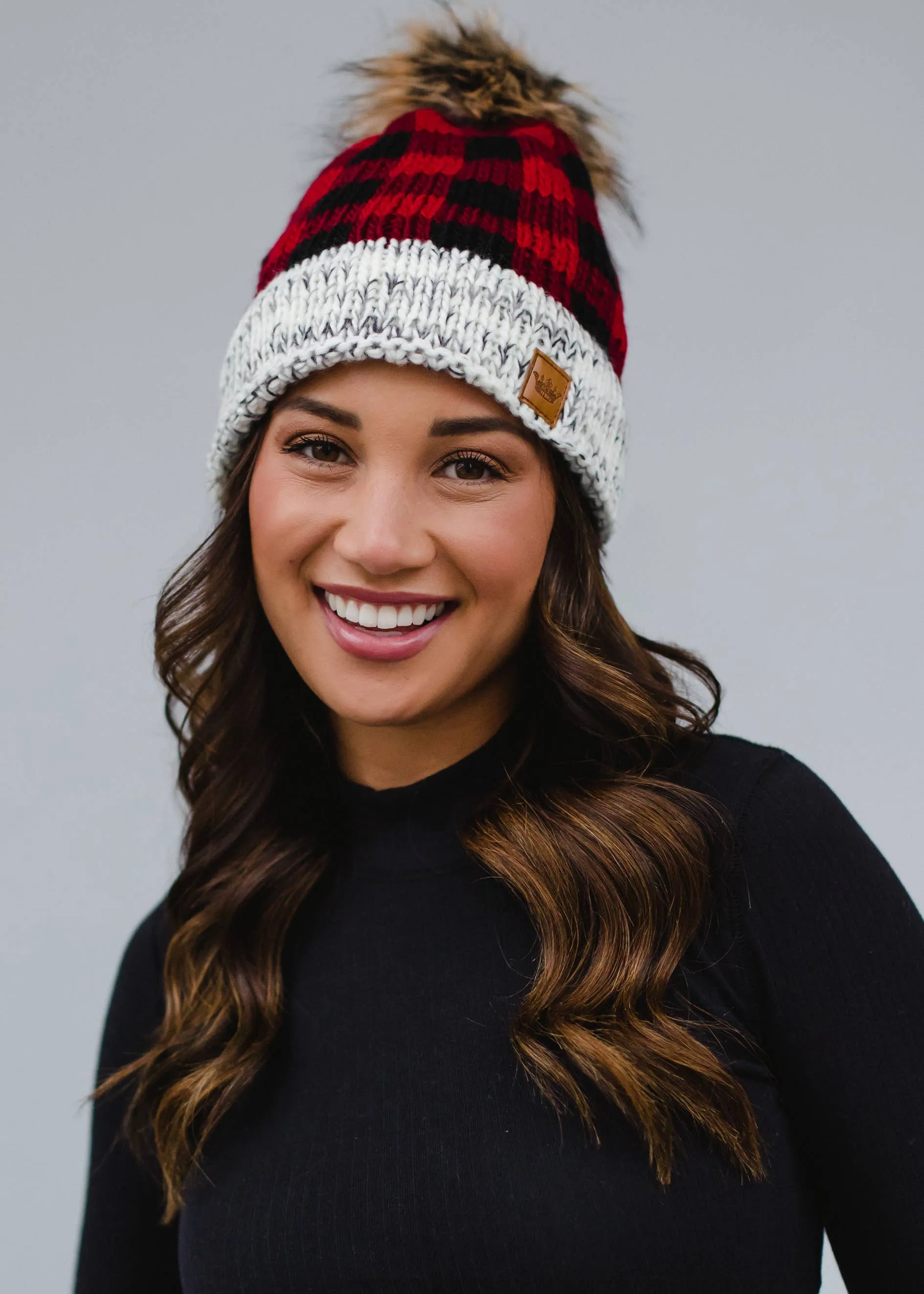 Red Buffalo Plaid Pom Hat w/ Gray Trim