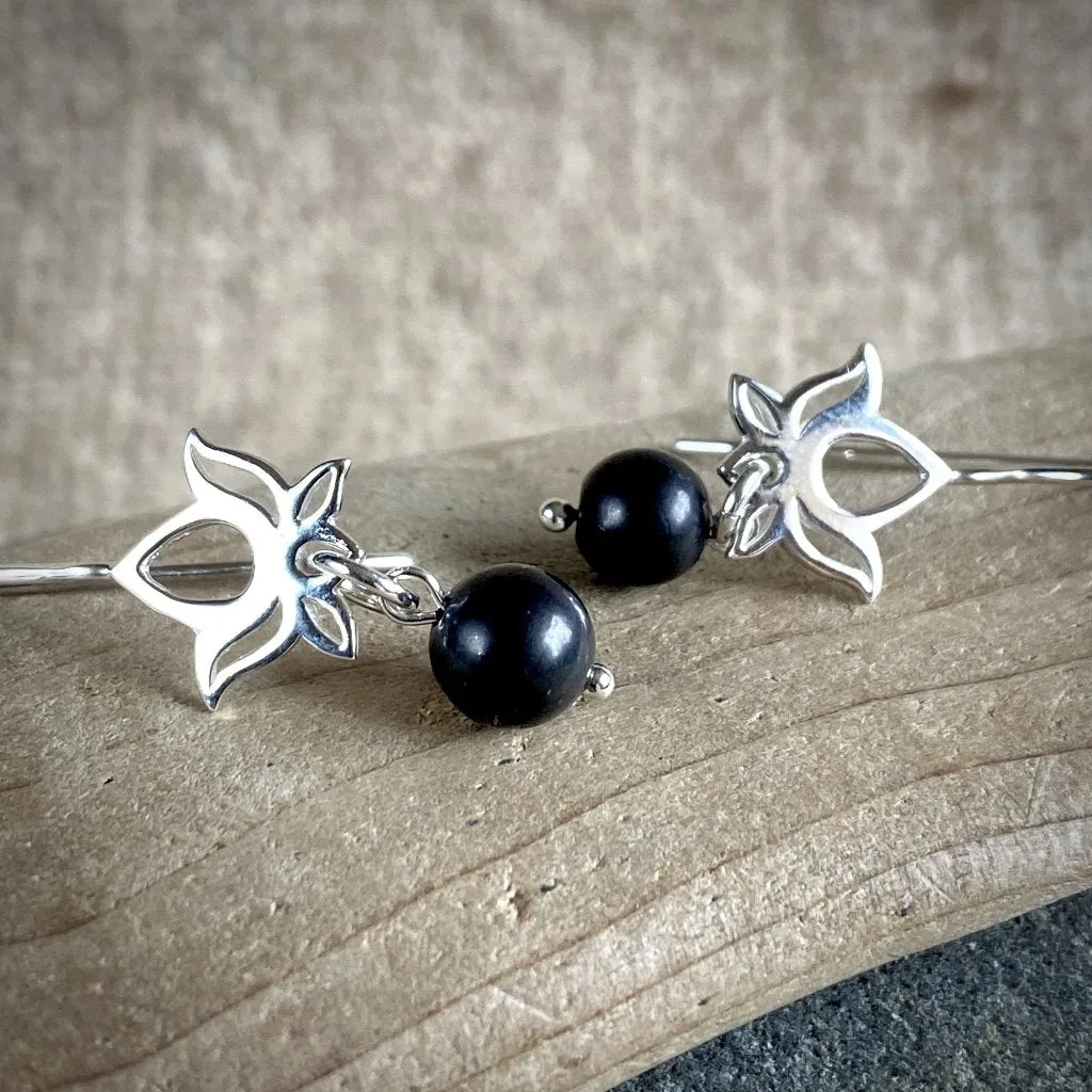 Shungite Earrings, Large Lotus Flower, Sterling Silver from Thailand