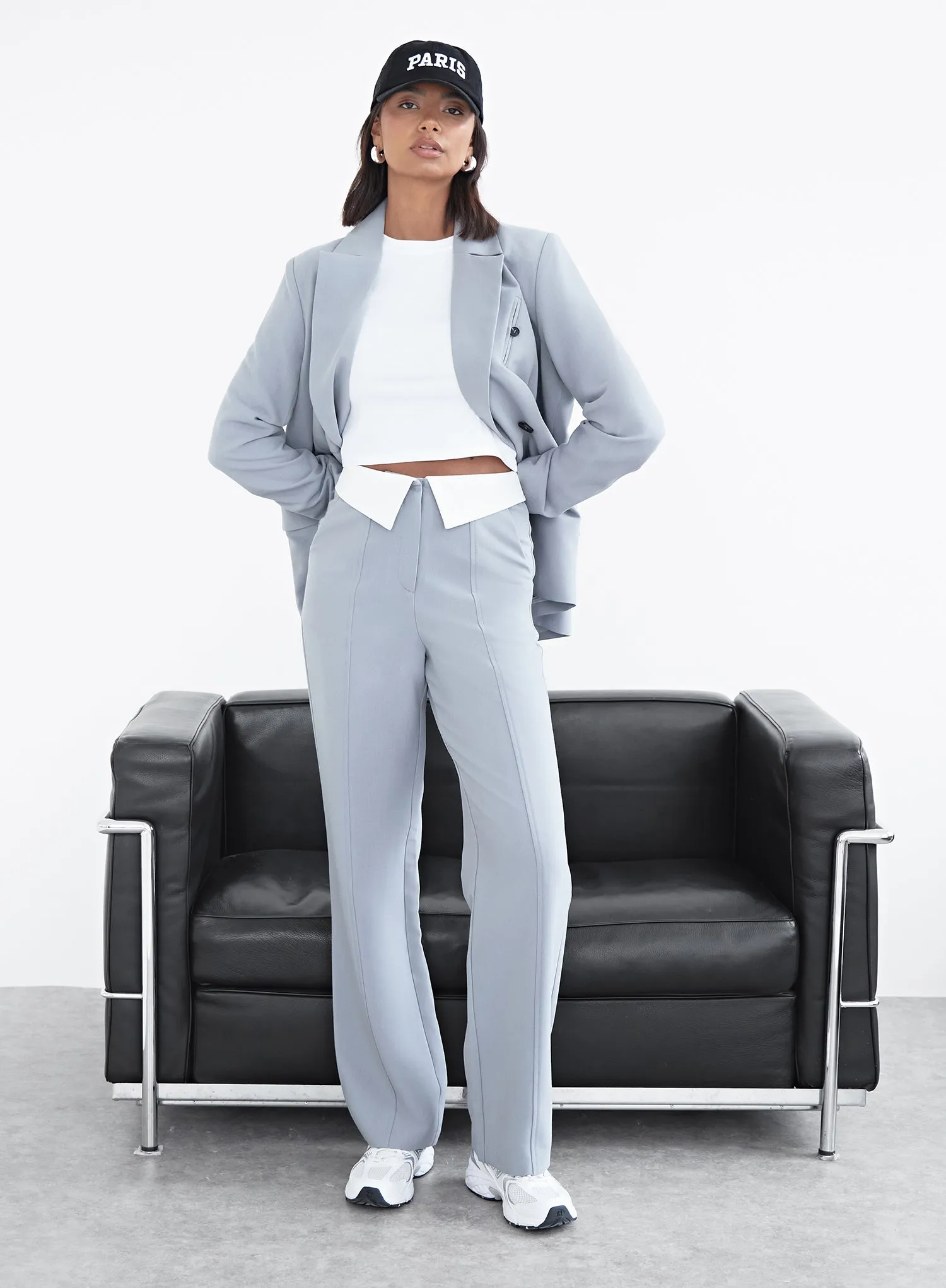 Slate Blue Exposed Waistband Tailored Trouser - Haley