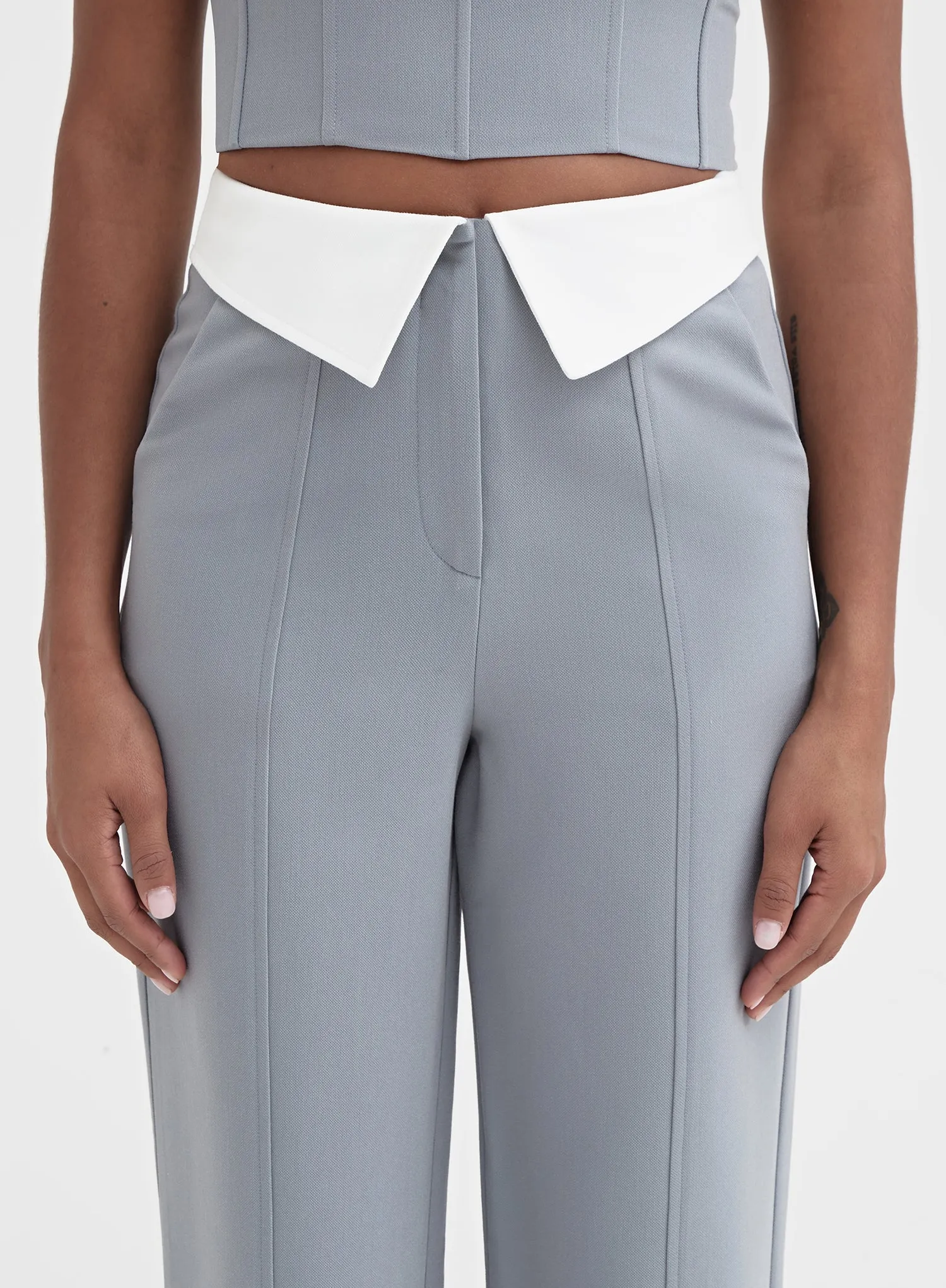 Slate Blue Exposed Waistband Tailored Trouser - Haley